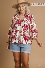 Curvy Garnet Puff Sleeve V Neck Top