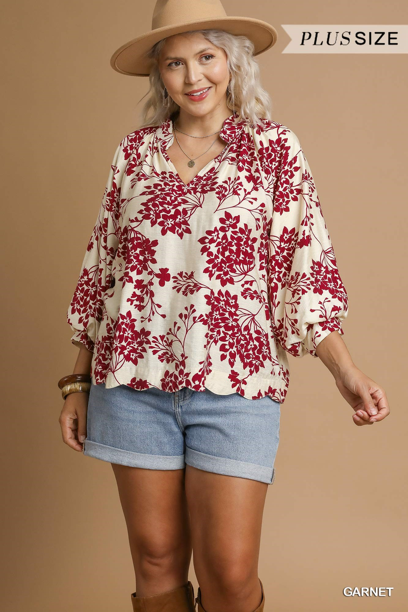 Curvy Garnet Puff Sleeve V Neck Top