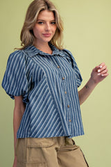 Denim Bubble Sleeve Mineral Wash Top