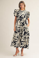 Black Palm Print Midi Dress