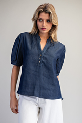Dark Denim Ruffled Split V-Neck Top