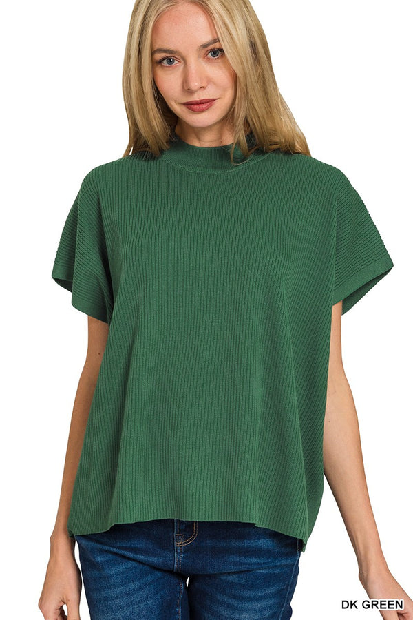 Dark Green Mock Neck Short Sleeve Sweater