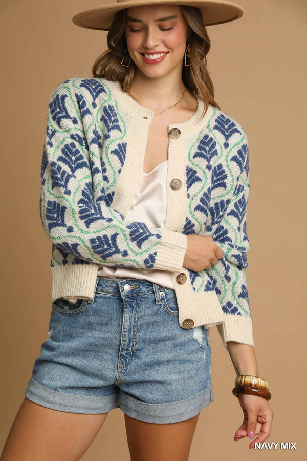 Navy and Green Patterned Cardigan
