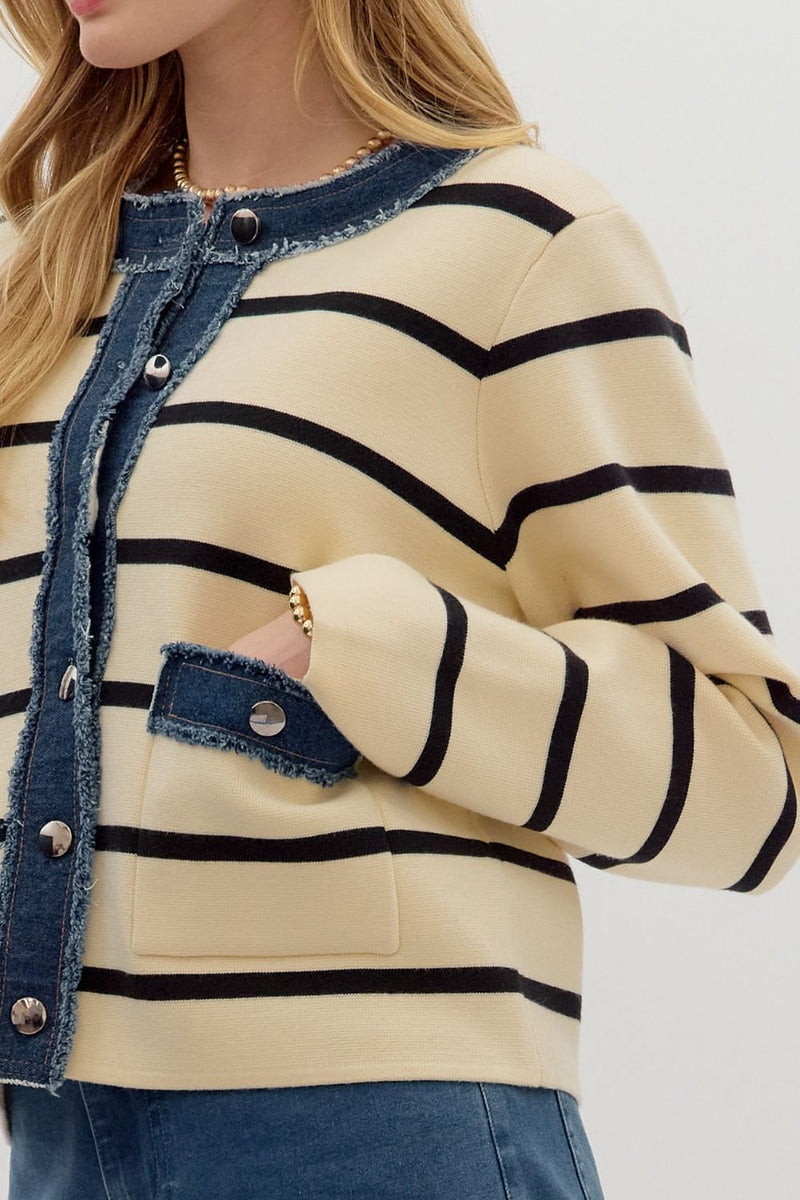 Striped Button Up Sweater Jacket W/ Denim Contrast