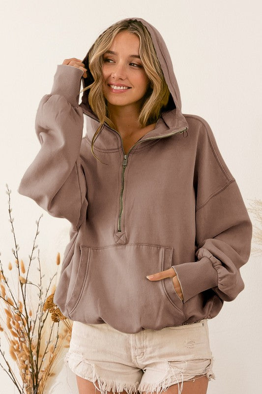 Elastic Hem Half Zip Hoodie