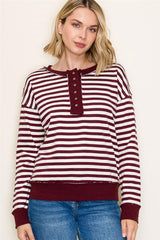 Burgandy Striped Ribbed Snap Button Top