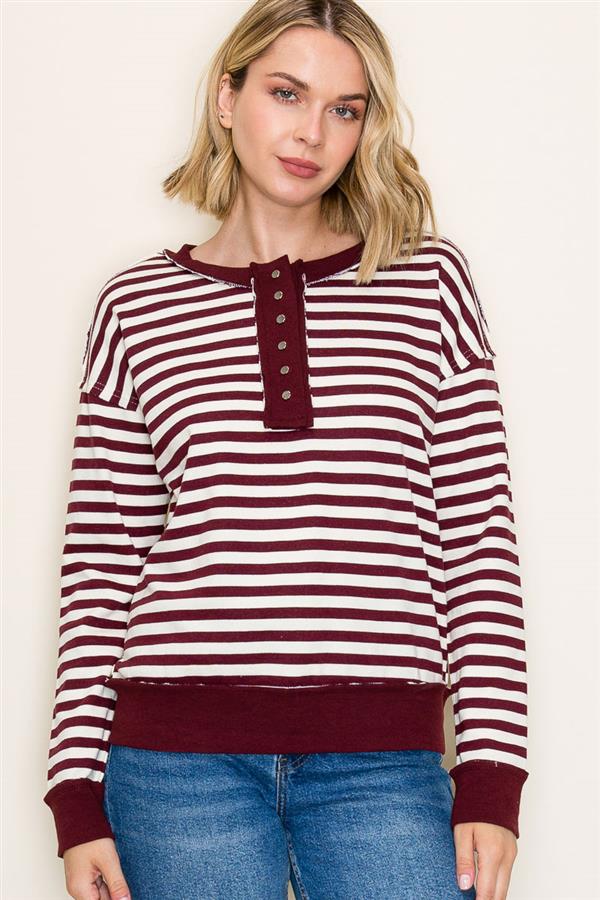 Burgandy Striped Ribbed Snap Button Top