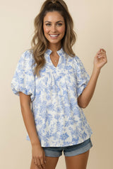Blue and White Floral Bubble Sleeve Top