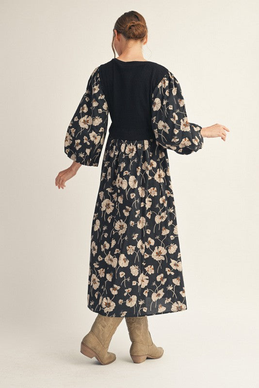 Black Ribbed Knit Floral Midi Dress