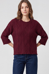 Wine 3/4 Sleeve Cable Knit Sweater