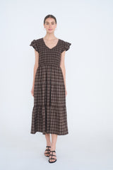 Plaid V Neck Smocked Midi Dress