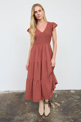 Solid Flutter Sleeve Smocked Midi Dress