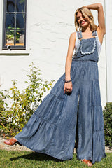Denim Washed Lace Jumpsuit with Floral Straps