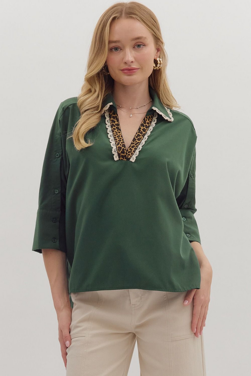 Green Leopard and Lace Collared Shirt