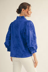 Blue Embroidered Button Up Long Sleeve Top
