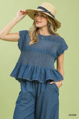 Chambray Smocked Scalloped Sleeve Top