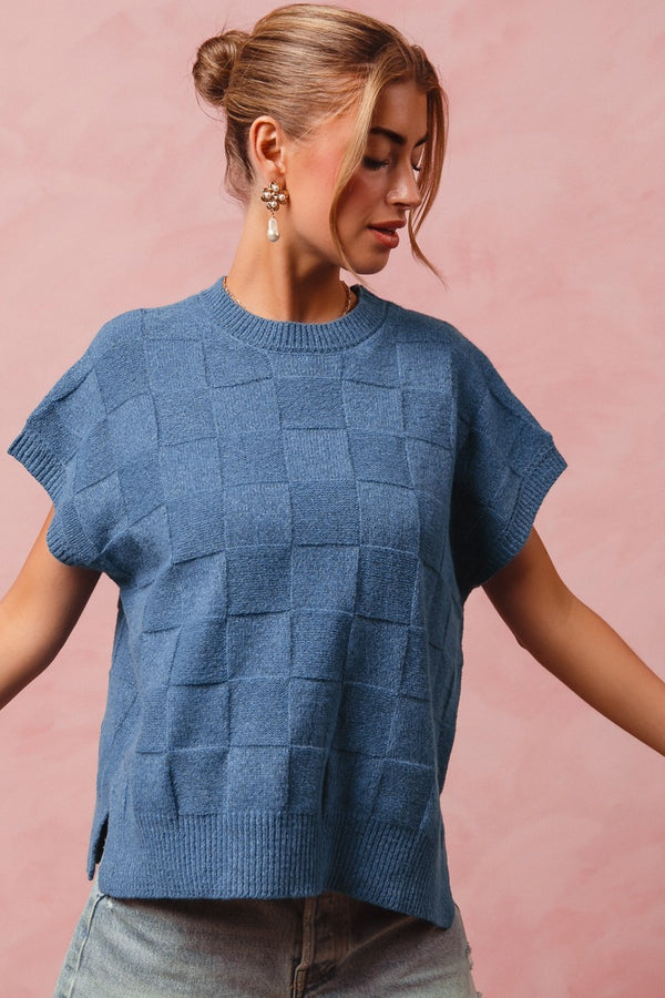 Solid Color Checkered Pattern Dolman Sleeve Sweater Top