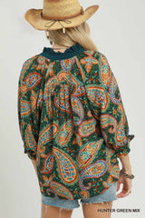Teal Paisley Print Contrast Collar Top