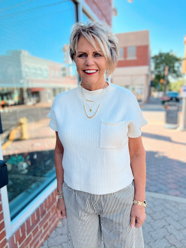 Cream Ribbed Mock Neck Cap Sleeve Top