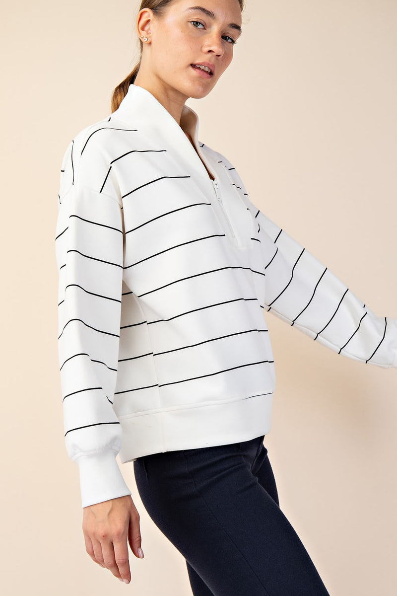 White and Black Striped Modal Scuba V-Neck Top
