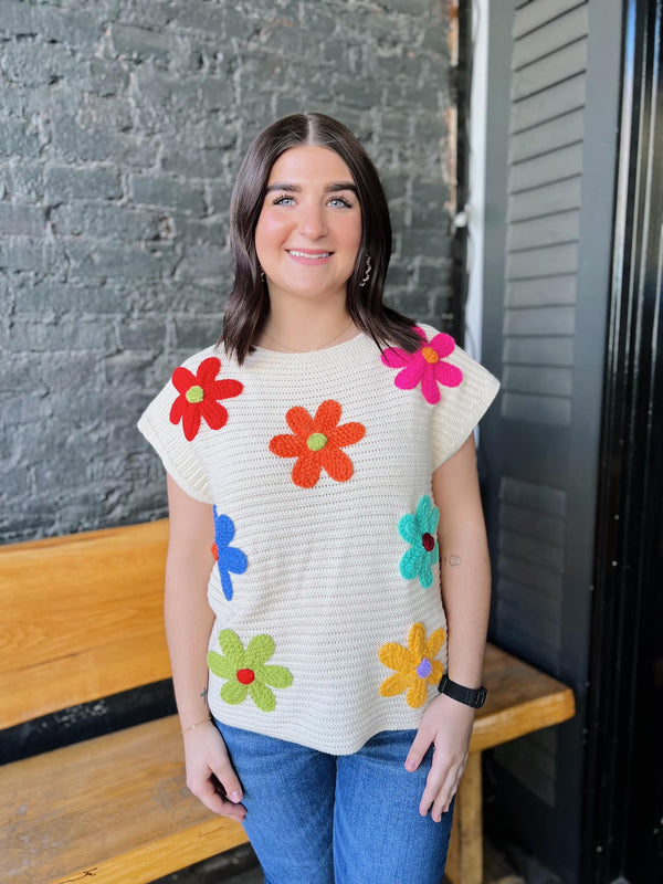 Cream Multi Color 3D Daisy Sweater Vest