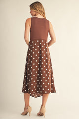 Polka Dot Front Pleat Detail Fabric Mix Dress