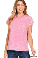 Crinkle Wash Round Neck Folded Short Sleeve Tee