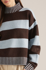 Brown and Cream Stripe Ribbed Trim Sweater