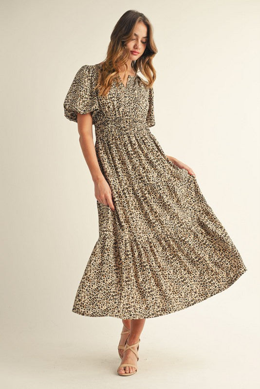 Leopard Print V-Neck Maxi Dress With Sleeves
