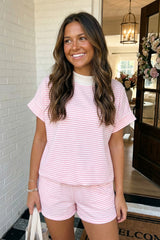 Pink And White Stripe Tee And Drawstring Short Set