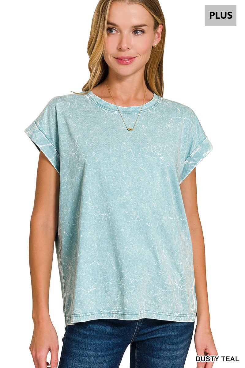 Curvy Crinkle Washed Round Neck Rolled Sleeve Tee