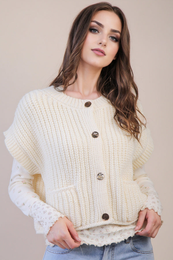 Cream Knit Sweater Top With Short Sleeves