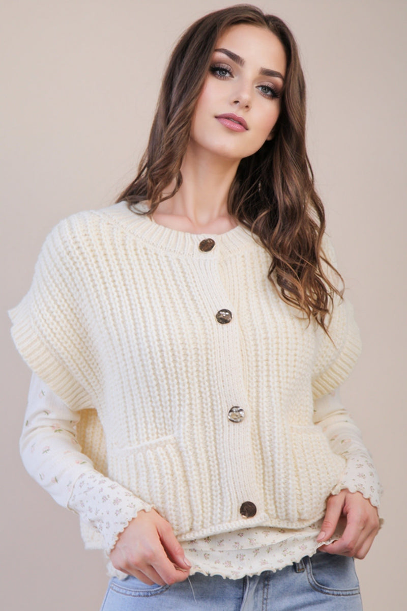 Cream Knit Sweater Top With Short Sleeves