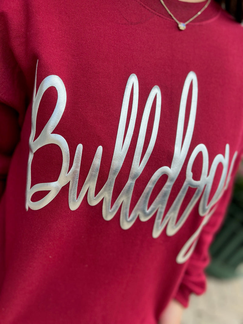 Maroon Crewneck With Silver Puff Bulldogs