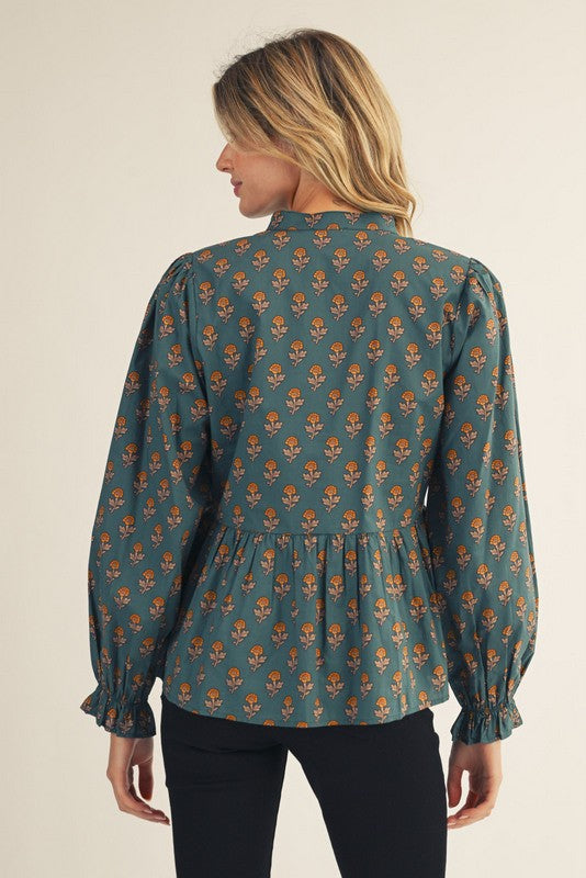 Teal Floral Peplum Top
