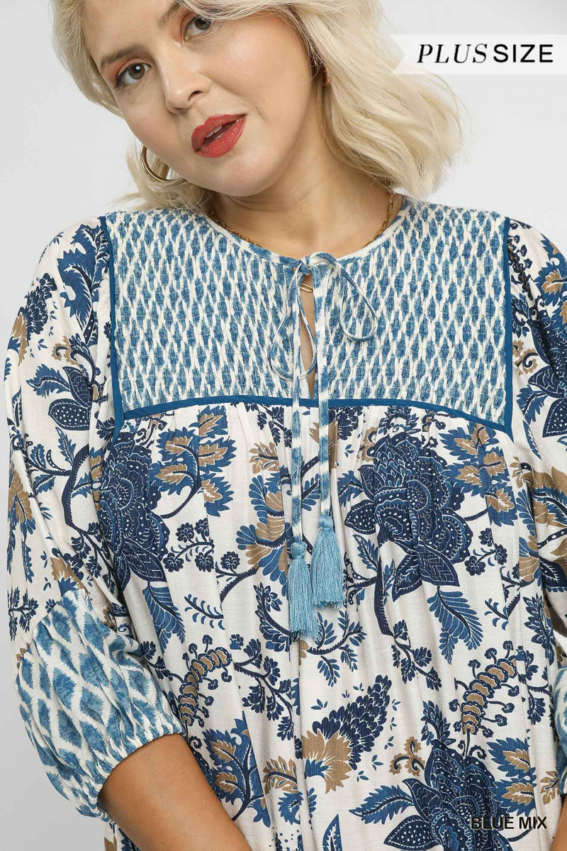 Curvy Blue Mixed Print Dress