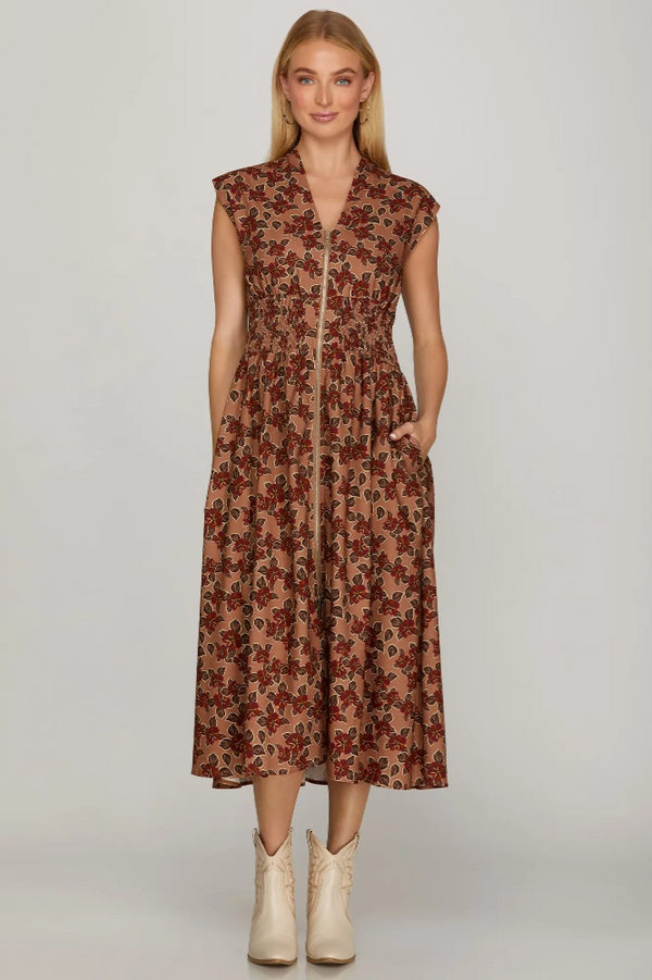 Dusty Rose Smocked Waist Zip Front Dress