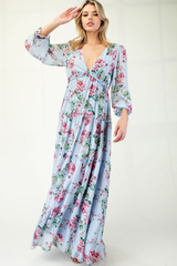 Blue Floral V-Neck Maxi Dress