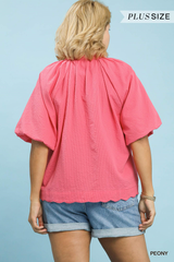 Curvy Peony Bubble Sleeve Seersucker Top
