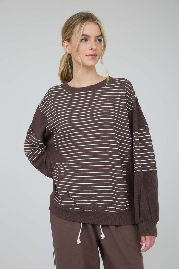 Brown Contrast Stripe Long Sleeve Top