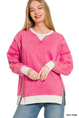 Fleece Acid Wash Contrast Trim Pullover