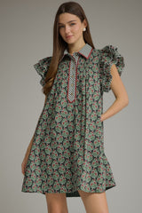 Green Printed Ruffle Sleeve Dress