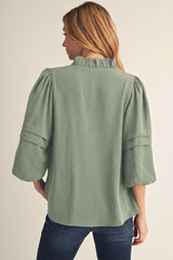 Sage 3/4 Puff Sleeve Scallop Neckline Top
