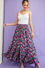 Curvy Green Floral Printed Smocked Waist Maxi Skirt