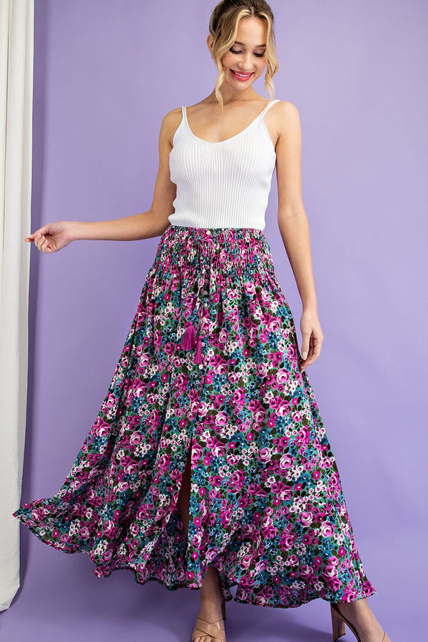 Curvy Green Floral Printed Smocked Waist Maxi Skirt