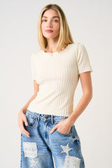 Lettuce Hem Short Sleeve Ribbed Top
