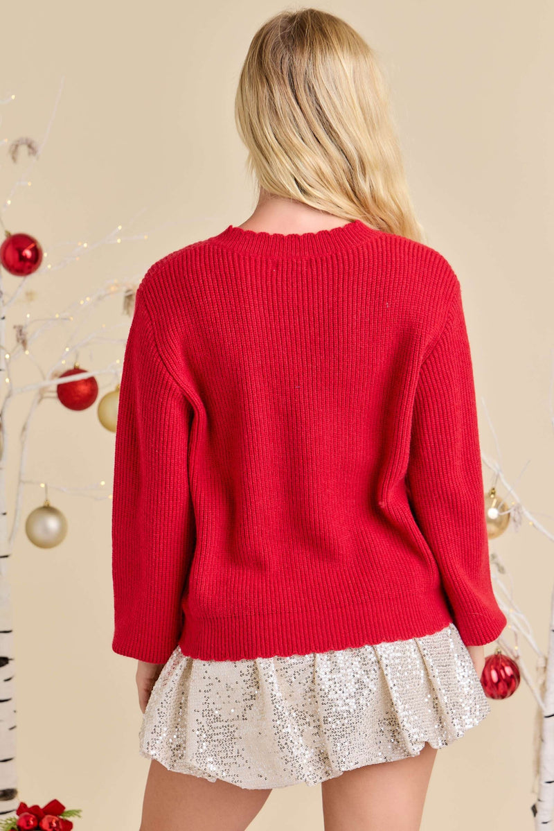 Red Round Neck Cardigan With Pearl Bow Buttons
