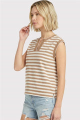 Taupe Stripes  Split Neck Cap Sleeve Top