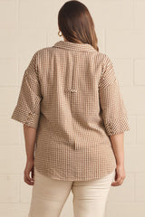 Curvy Brown Checked Collared 3/4 Button Sleeve