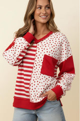 Curvy V Neck Long Sleeve Heart Print Top